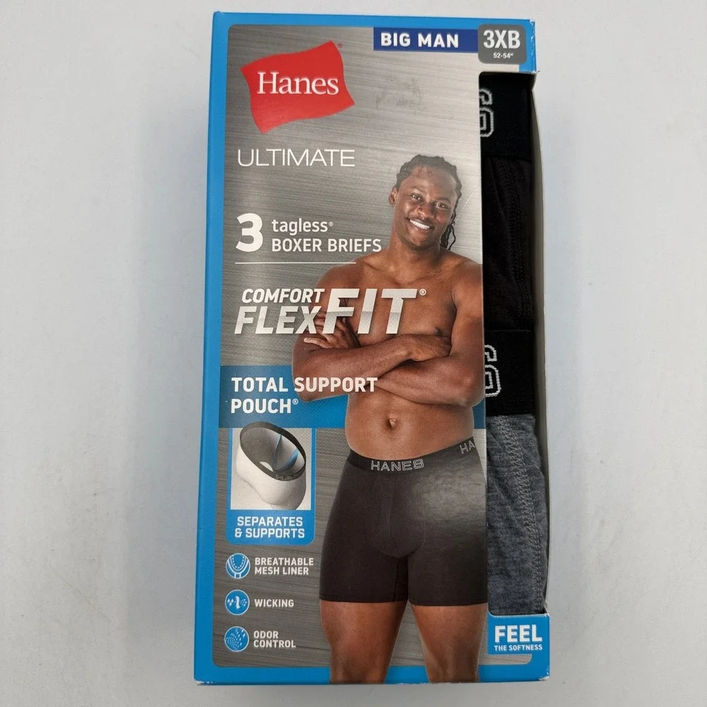 Hanes Boxer Briefs Mens 3XB Black Grey Total Support Pouch 3PK UFSBG3